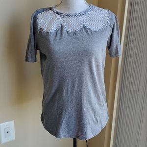 LOFT Gray Crochet Bib Blouse